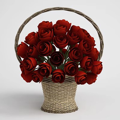 Woven Basket Vase with Fresh Red Roses Floral Arrangement for Home Decor 3d model