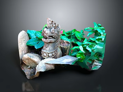 Small Decorative Landscape with Stone Lion Statue Green Plants and Natural Stones for Indoor Tabletop 3d model