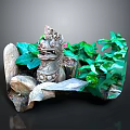 Small Decorative Landscape with Stone Lion Statue Green Plants and Natural Stones for Indoor Tabletop