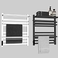 Black and White Towels Hanging on Wall Mounted Towel Racks with Bath Products