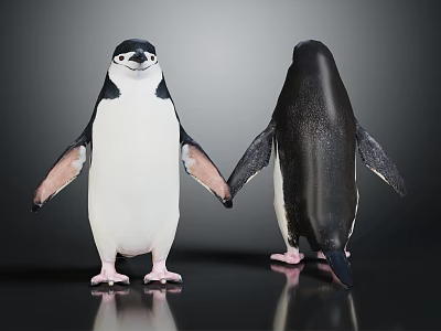 Two Penguins Front And Back Views With Black And White Feathers Against Gray Background 3d model