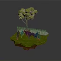 Low Poly Green Scenic Platform With Tree Black Fence And Deer Animals