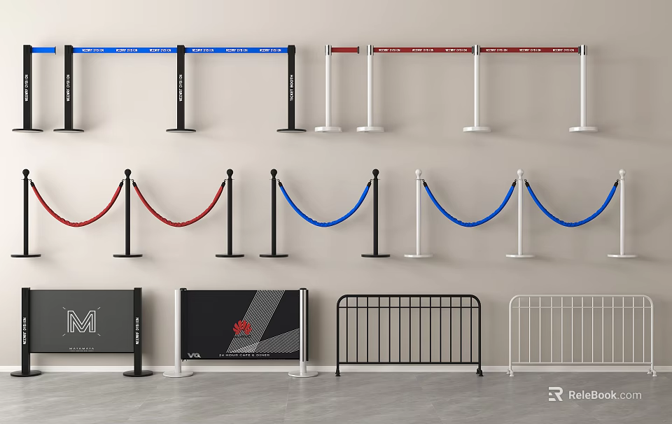 Different Types of Event Barriers With Red Blue Ropes And Black White Metal Designs 3d model 