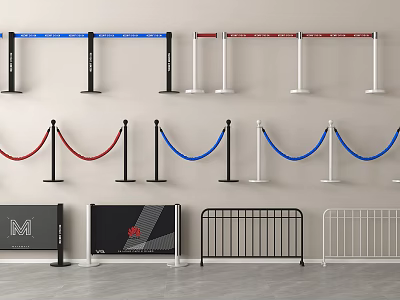 Different Types of Event Barriers With Red Blue Ropes And Black White Metal Designs 3d model