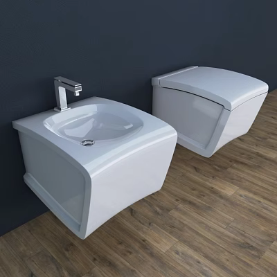 White Wall Mounted Toilet And Modern Sink In Bathroom With Dark Wall And Wooden Floor 3d model