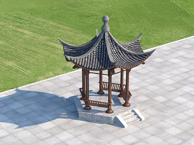 Traditional Chinese Garden Pavilion With Tile Roof Wooden Structure Green Lawn And Stone Pavement 3d model