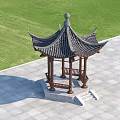 Traditional Chinese Garden Pavilion With Tile Roof Wooden Structure Green Lawn And Stone Pavement