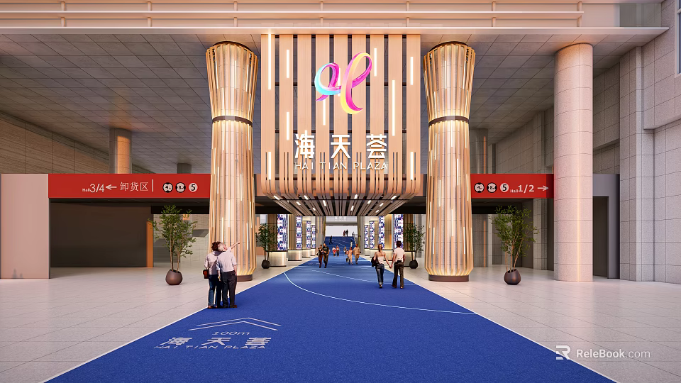 Luxurious Commercial Storefront With Golden Pillars Logo Blue Carpet And Red Signs 3d model 