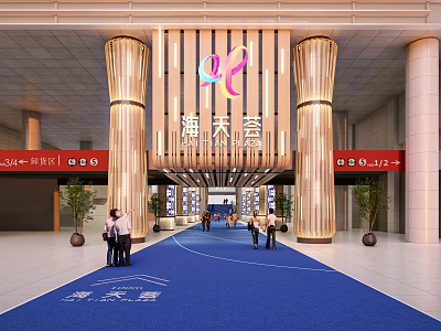 Luxurious Commercial Storefront With Golden Pillars Logo Blue Carpet And Red Signs 3d model