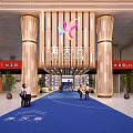 Luxurious Commercial Storefront With Golden Pillars Logo Blue Carpet And Red Signs