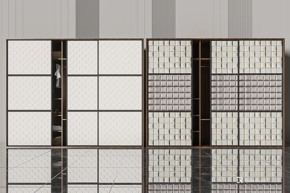 Modern Wardrobe Design With Glass Grid Doors Dark Frame And White Panels 3d model 