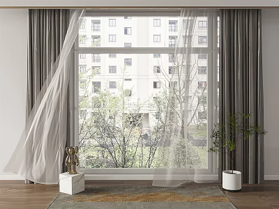 Gray Curtain and White Sheer Curtain in Window with Indoor Plants Wooden Floor and Trees View 3d model