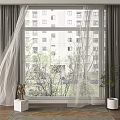 Gray Curtain and White Sheer Curtain in Window with Indoor Plants Wooden Floor and Trees View
