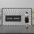 Contemporary Art Installation With Radial Lines Central Text Arched Frames Green Plants And Standing Woman