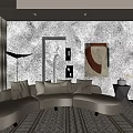 Modern Living Room Interior Beige Curved Sofa Multiple Pillows Floor Lamp Abstract Painting Patterned Rug