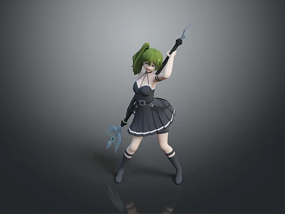 3D Game and Movie Character With Green Hair Black Dress Holding Knife And Blue Object 3d model