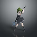 3D Game and Movie Character With Green Hair Black Dress Holding Knife And Blue Object