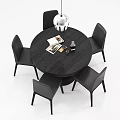 Elegant Round Dining Table Set With Six Black Chairs And Silver Pendant Lights 3d model
