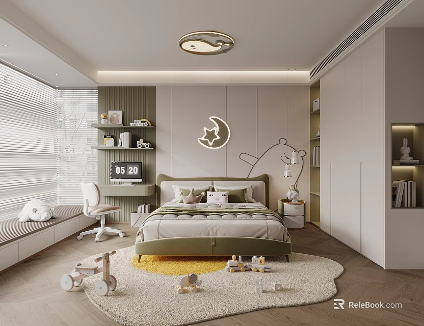 Cozy Kids Bedroom With Moon Wall Decor And Toys 3d model 