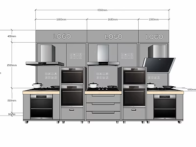 Smart Machines In Modern Kitchen Layout With Oven Stove Range Hood And Dimensions 3d model