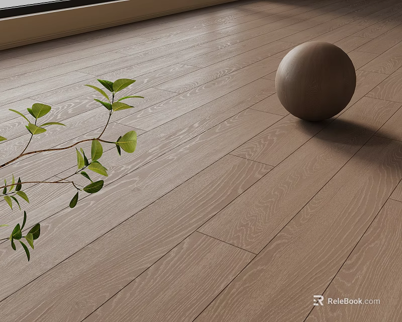 Natural Wooden Floor With Green Leaf Branch And Round Wooden Sphere 3d model 