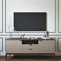 Modern TV Stand With Drawers And Decorative Ornaments On Paneled Wall Background