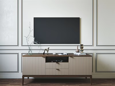 Modern TV Stand With Drawers And Decorative Ornaments On Paneled Wall Background 3d model