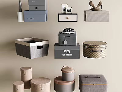 Modern Decorative Ornament Set With Square Round Storage Boxes And Neutral Tones 3d model
