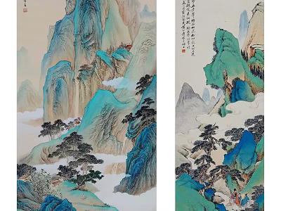 Traditional Chinese Landscape Painting With Green Mountains Pine Trees And Misty Clouds 3d model