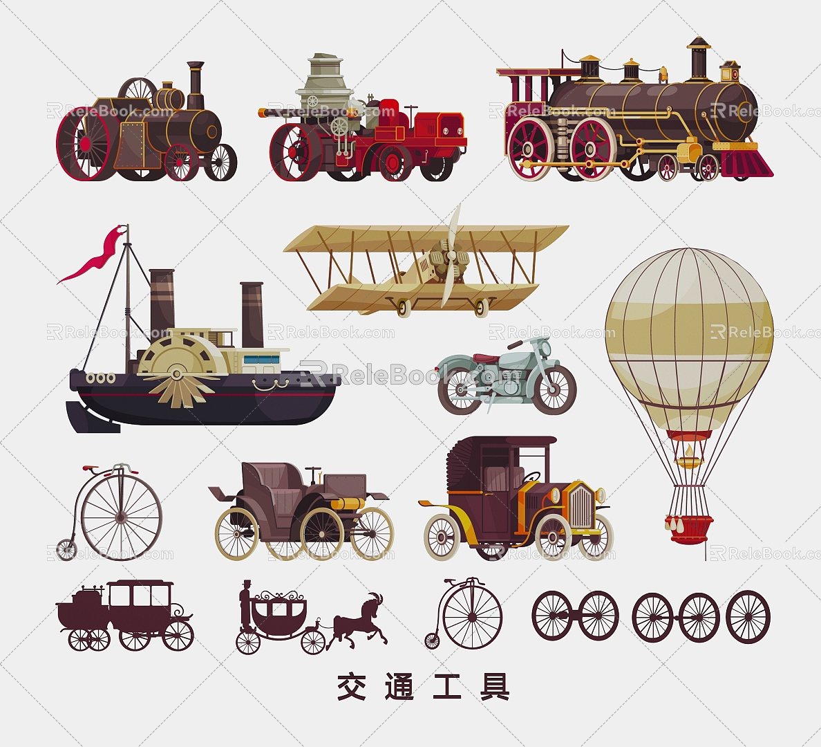 Ancient vehicle retro locomotive car aircraft ship carriage rickshaw cartoon illustration model