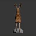Detailed Deer Sculpture With Antlers Standing On Gray Stone Base Decor
