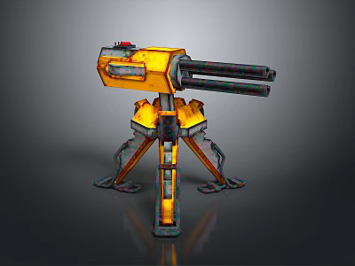 Yellow Multi Legged Mechanical Toy With Double Barrels And Red Button 3d model