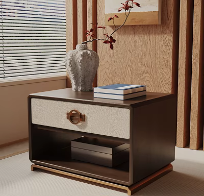 Modern Side Table With Drawer Metal Handle Open Shelf And Vase On Wooden Wall Background 3d model