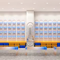 Modern Retail Store Interior Design With White Shelves Blue Lighting And Yellow Benches