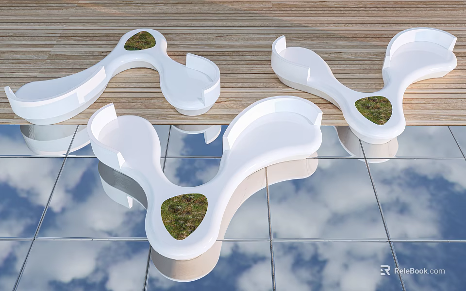 Curved White Modern Landscape Seats With Green Grass Inserts On Reflective Glass And Wooden Deck 3d model 