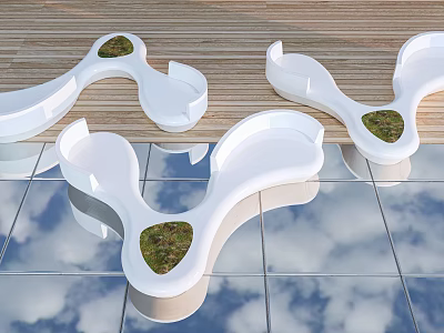 Curved White Modern Landscape Seats With Green Grass Inserts On Reflective Glass And Wooden Deck 3d model