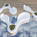 Curved White Modern Landscape Seats With Green Grass Inserts On Reflective Glass And Wooden Deck