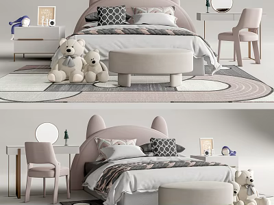 Kids Bed With Cute Bunny Ear Headboard Teddy Bears Ottoman And Cozy Bedroom Setup 3d model