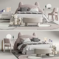 Kids Bed With Cute Bunny Ear Headboard Teddy Bears Ottoman And Cozy Bedroom Setup