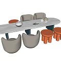 Kids Table with White Marble Top Light Gray Chairs and Orange Stools 3d model