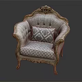 Luxurious Single Sofa With Golden Carved Frame Light Fabric And Geometric Pattern Pillow