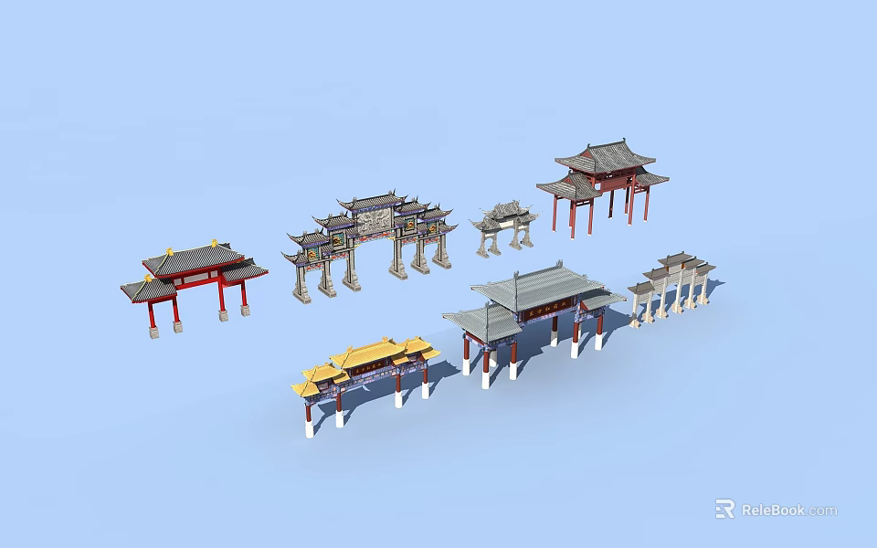 Traditional Chinese Archway Collection With Various Roof Styles And Architectural Designs 3d model 