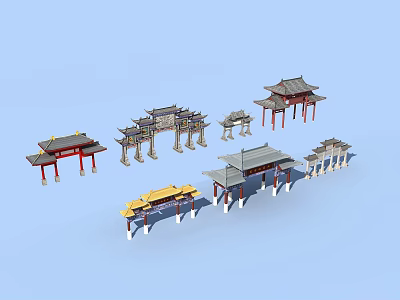 Traditional Chinese Archway Collection With Various Roof Styles And Architectural Designs 3d model