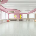 Pink Kids Dance Fitness Studio Interior With Ballet Barre Mirror And Cartoon Decor