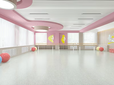 Pink Kids Dance Fitness Studio Interior With Ballet Barre Mirror And Cartoon Decor 3d model