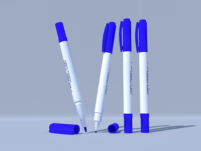 Four Blue And White Ballpoint Pens With One Cap Detached On Gray Background 3d model