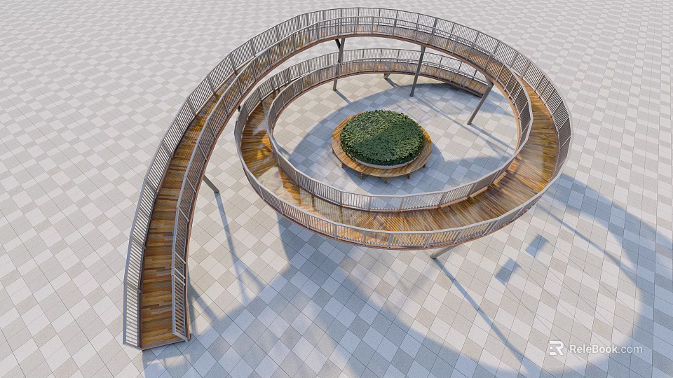 Spiral Road Facility With Wooden Pathway Metal Railings And Central Green Area 3d model 
