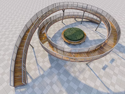 Spiral Road Facility With Wooden Pathway Metal Railings And Central Green Area 3d model