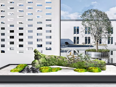 Artistic Garden Ornament Featuring Moss Covered Driftwood Small Stones And Green Moss In Urban Space 3d model