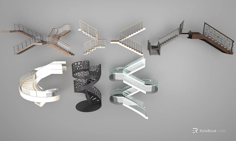 Various Staircase Designs Including Spiral Straight Wooden And Glass Railings 3d model 